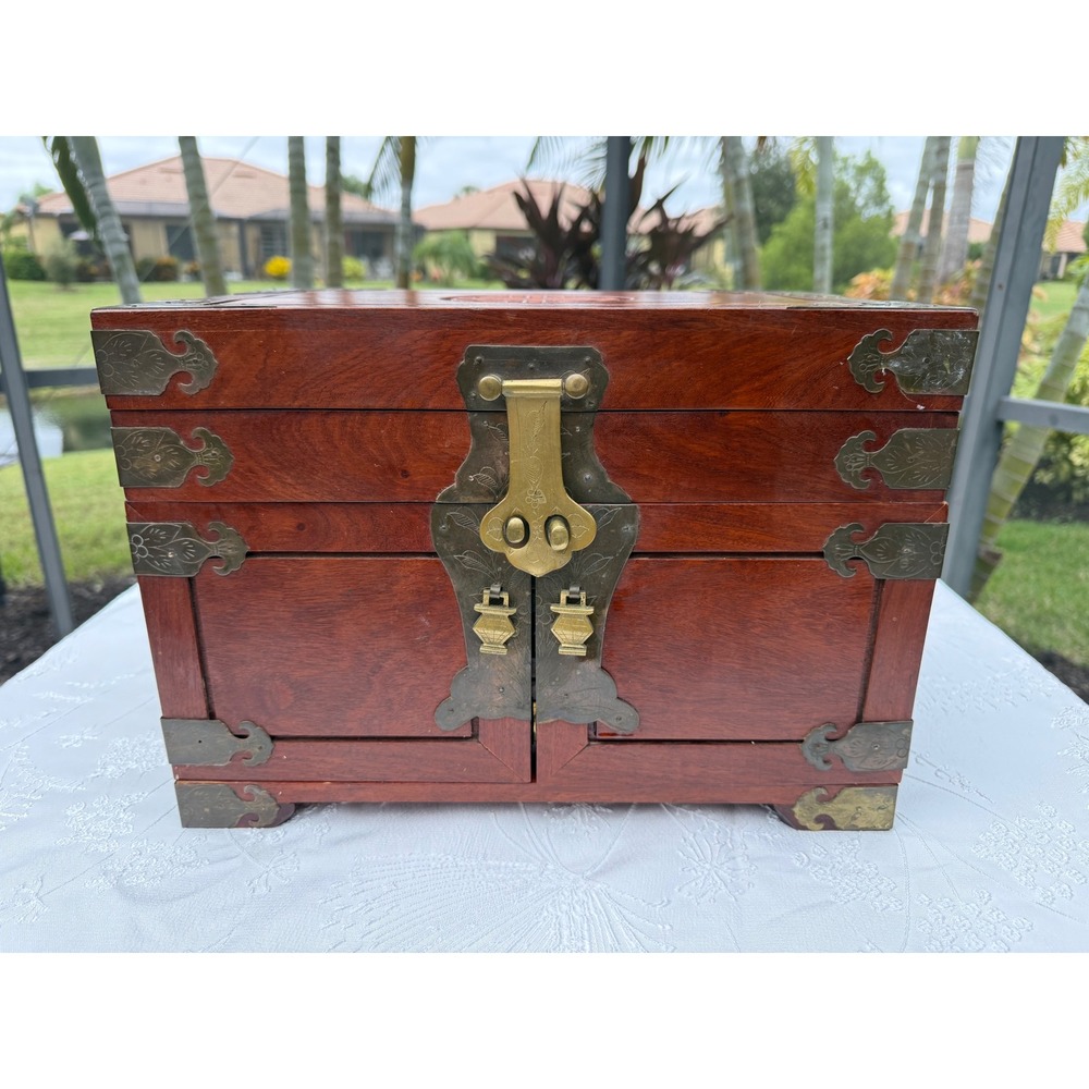 Vintage Asian Style Wood Jewelry Chest Box Brass  Carved Shou Restoration 13.5"